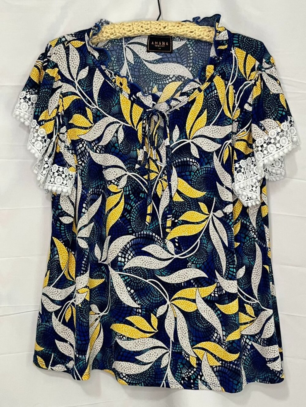 Amana Blue Yellow White Leaf Print Blouse Lace Trim Short Sleeve Tie Front 3X